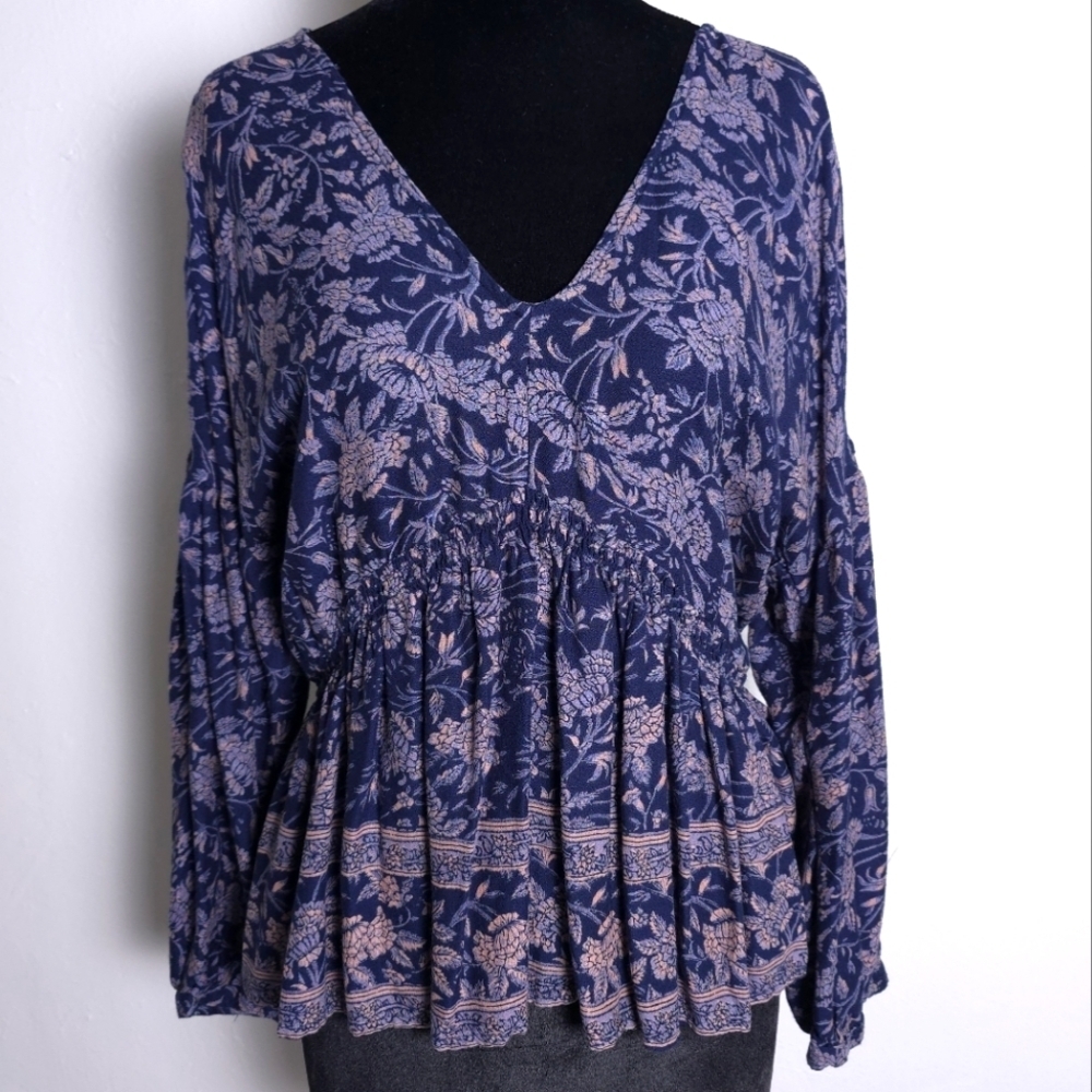 Boho Floral V-Neck Peplum Blouse - Navy